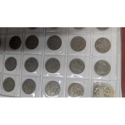 77 - Album of coins British silver and later half crowns, florins, shillings, sixpence, three pence and o... 