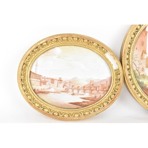 102 - Three 19th century porcelain hand-painted plaques mounted in gilt moulded frames, each depicting Ita... 