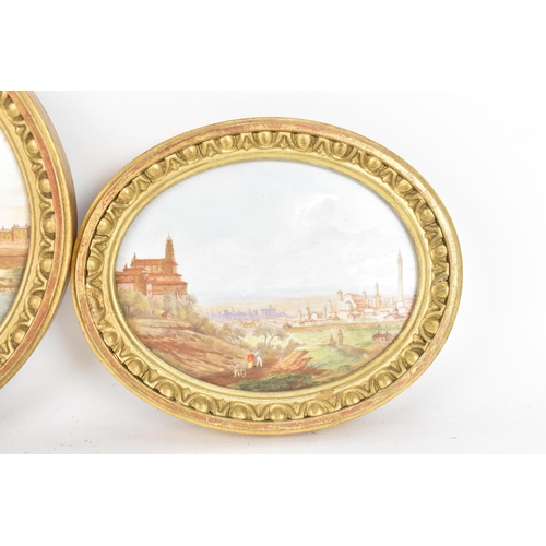 102 - Three 19th century porcelain hand-painted plaques mounted in gilt moulded frames, each depicting Ita... 