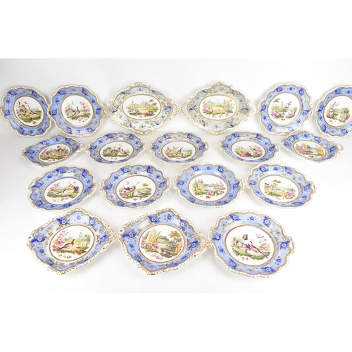 103 - A 19th century porcelain dessert service, possibly by H&R Daniel, each piece hand-painted with centr... 