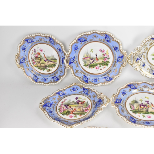 103 - A 19th century porcelain dessert service, possibly by H&R Daniel, each piece hand-painted with centr... 