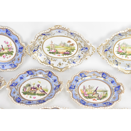 103 - A 19th century porcelain dessert service, possibly by H&R Daniel, each piece hand-painted with centr... 