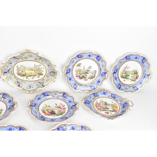 103 - A 19th century porcelain dessert service, possibly by H&R Daniel, each piece hand-painted with centr... 