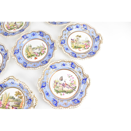 103 - A 19th century porcelain dessert service, possibly by H&R Daniel, each piece hand-painted with centr... 