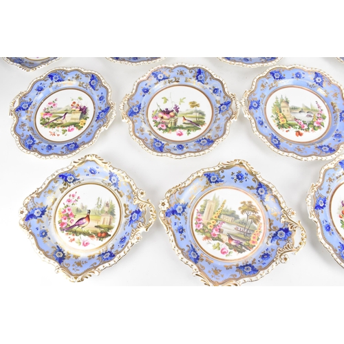 103 - A 19th century porcelain dessert service, possibly by H&R Daniel, each piece hand-painted with centr... 