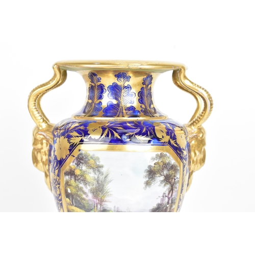 30A - An early 19th century Masons vase, circa 1815, of amphora shape with goat's-head handles, decorated ... 