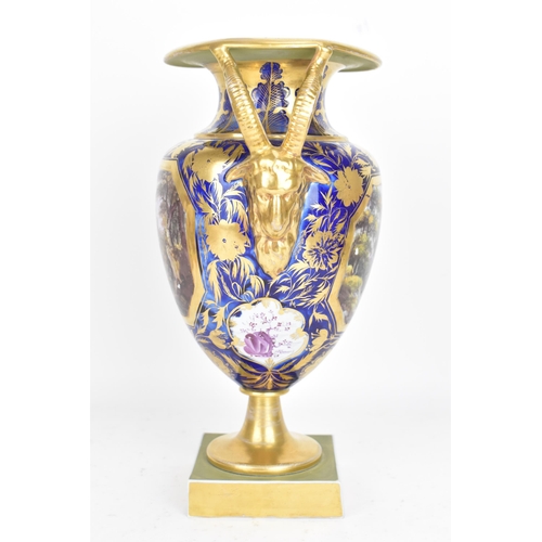 30A - An early 19th century Masons vase, circa 1815, of amphora shape with goat's-head handles, decorated ... 