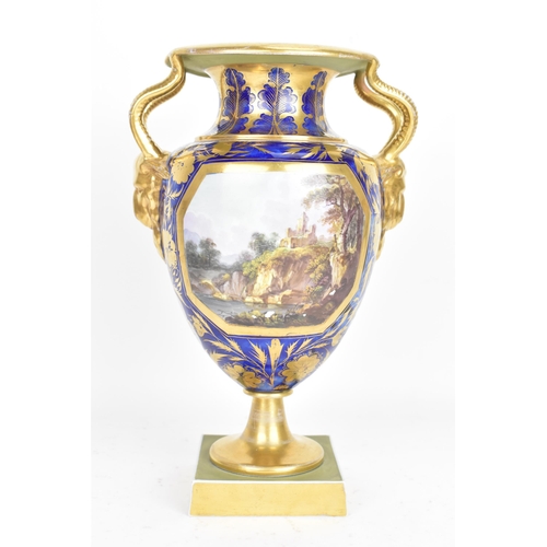 30A - An early 19th century Masons vase, circa 1815, of amphora shape with goat's-head handles, decorated ... 