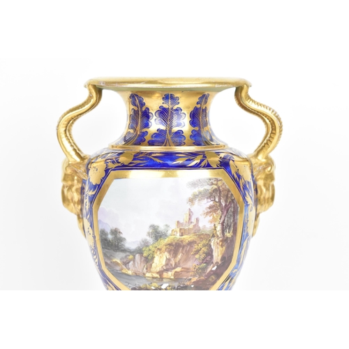 30A - An early 19th century Masons vase, circa 1815, of amphora shape with goat's-head handles, decorated ... 