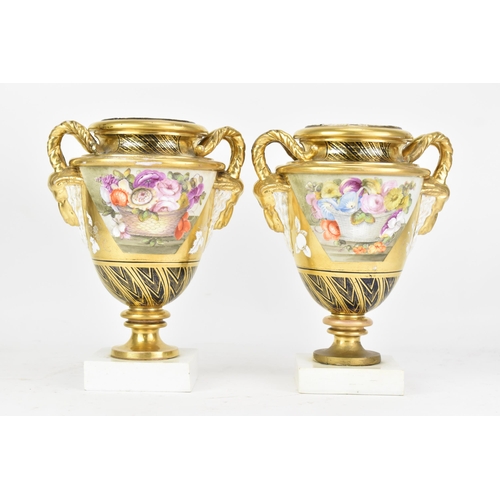 2 - A pair of early 19th century Masons bone china vases, circa 1810-15, each of amphora shape with goat... 