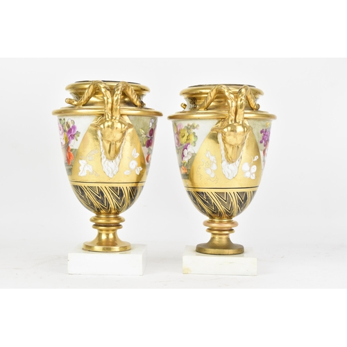 2 - A pair of early 19th century Masons bone china vases, circa 1810-15, each of amphora shape with goat... 