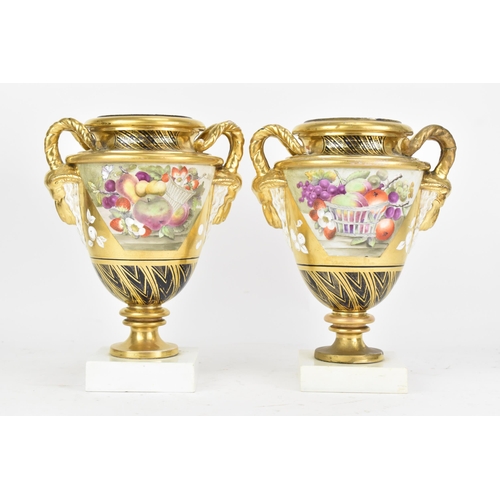 2 - A pair of early 19th century Masons bone china vases, circa 1810-15, each of amphora shape with goat... 