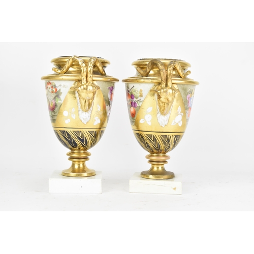 2 - A pair of early 19th century Masons bone china vases, circa 1810-15, each of amphora shape with goat... 