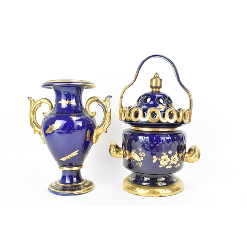 26 - An early 19th century Masons posy vase and twin handled vase, each with mazarine-blue ground, painte... 