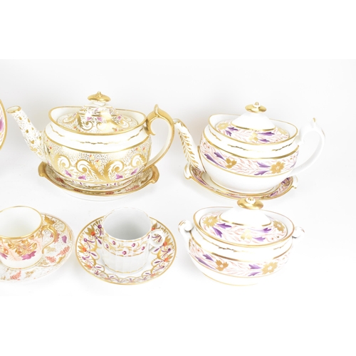 39 - A selection of early 19th century Masons tea ware, each on white glazed grounds painted with purple ... 