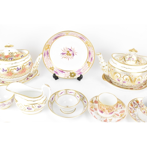 39 - A selection of early 19th century Masons tea ware, each on white glazed grounds painted with purple ... 