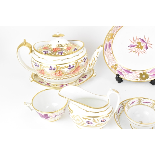 39 - A selection of early 19th century Masons tea ware, each on white glazed grounds painted with purple ... 