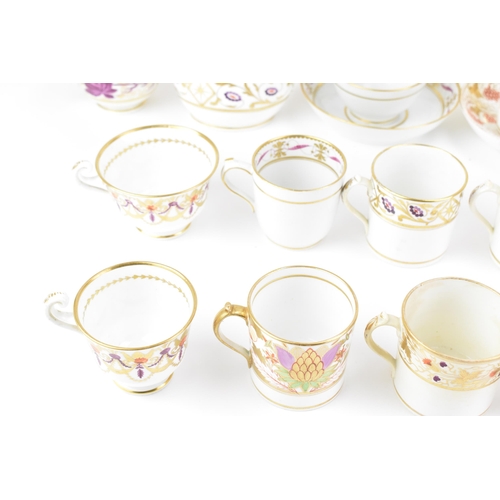 39 - A selection of early 19th century Masons tea ware, each on white glazed grounds painted with purple ... 