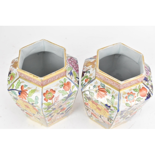 4 - A pair of early 19th century Masons ironstone hexagonal vases and covers, circa 1815-20, each hand-p... 