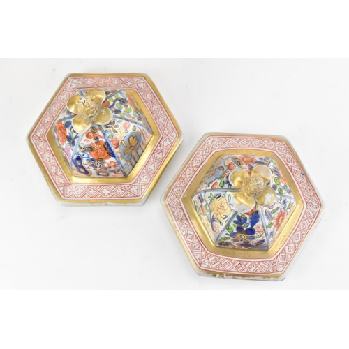 4 - A pair of early 19th century Masons ironstone hexagonal vases and covers, circa 1815-20, each hand-p... 