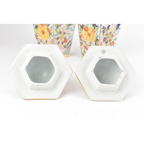 4 - A pair of early 19th century Masons ironstone hexagonal vases and covers, circa 1815-20, each hand-p... 