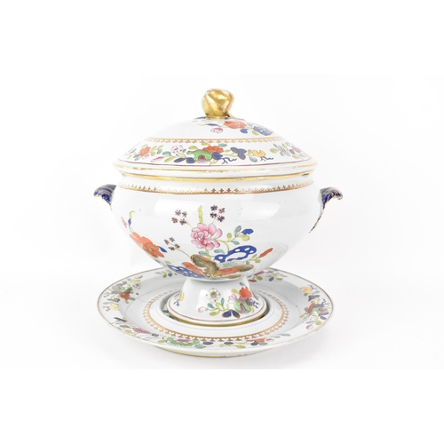 43 - An early 19th century Masons ironstone soup tureen, cover and stand, circa 1813-30, hand-painted wit... 