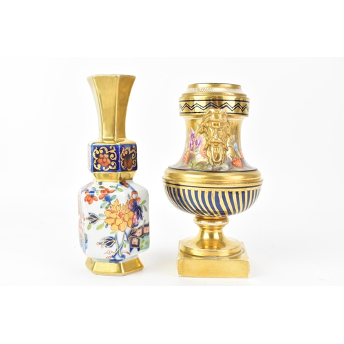 45 - Two early 19th century Masons vases, one in the form of an urn hand painted with flowers and fruits ... 