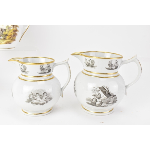 49 - Four early 19th century Masons bone china jugs, including a graduated set of three bat printed with ... 