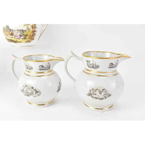 49 - Four early 19th century Masons bone china jugs, including a graduated set of three bat printed with ... 