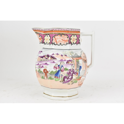 5 - An early 19th century Masons eight sided porcelain jug, circa 1805-10, transfer-printed outline, han... 