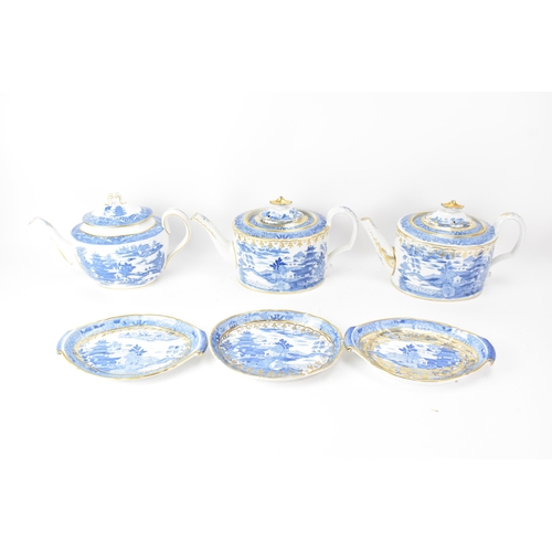 51 - Three early 19th century Masons blue and white teapots and stands, each transfer-printed with gilt h... 