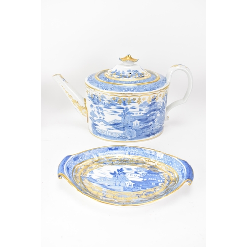 51 - Three early 19th century Masons blue and white teapots and stands, each transfer-printed with gilt h... 