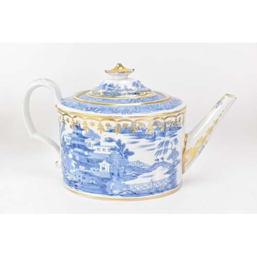 51 - Three early 19th century Masons blue and white teapots and stands, each transfer-printed with gilt h... 