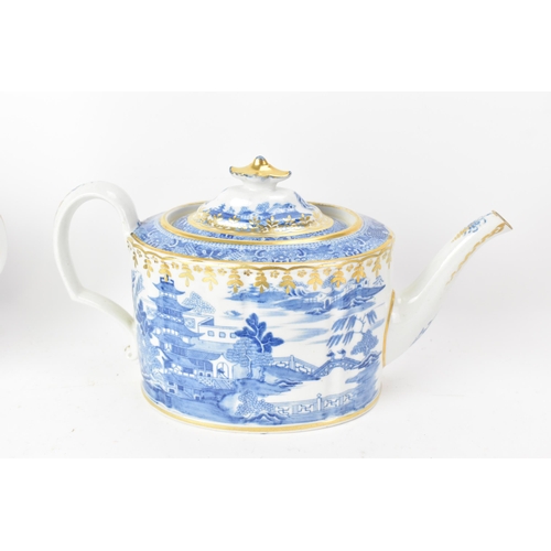 51 - Three early 19th century Masons blue and white teapots and stands, each transfer-printed with gilt h... 