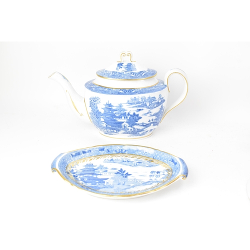 51 - Three early 19th century Masons blue and white teapots and stands, each transfer-printed with gilt h... 