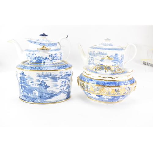 52 - Four 19th century Masons blue and white teapots and three sucrier pots with lids, each transfer-prin... 