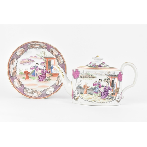 6 - An early 19th century Masons porcelain Saucer-dish and Tea-pot, each outline transfer print, hand-pa... 