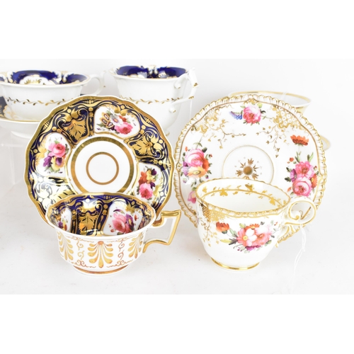 91 - A selection of 19th century tea cups and matching saucers, to include a Rockingham trio, a circa 181... 