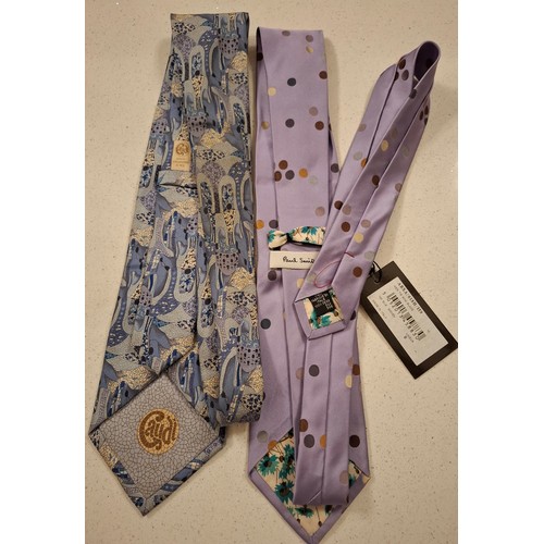 11 - Paul Smith and Gaudi- Two silk ties comprising a Paul Smith lilac dotty tie, unworn with original ta... 