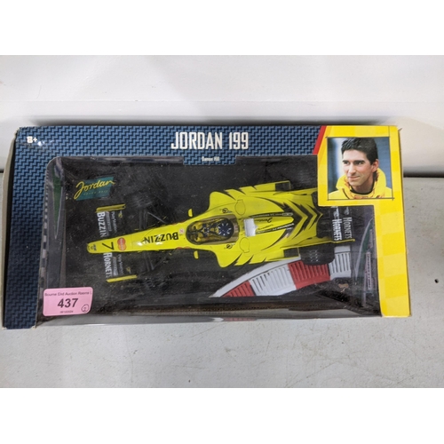 335 - Two boxed Hotwheels models, a Damon Hill's Jordan 199 F1 car, together with a silver Corvette Locati... 