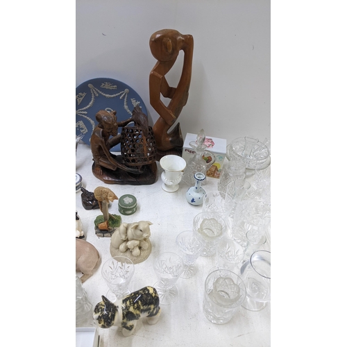 345 - A mixed lot to include Wedgwood Jasperware, glassware, treen sculpture, trinket boxes Winstanley, Ki... 