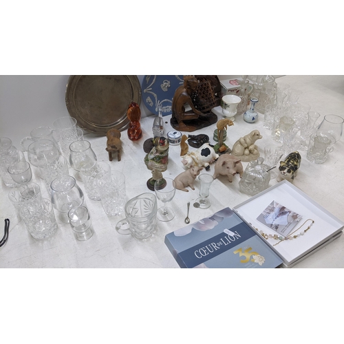 345 - A mixed lot to include Wedgwood Jasperware, glassware, treen sculpture, trinket boxes Winstanley, Ki... 