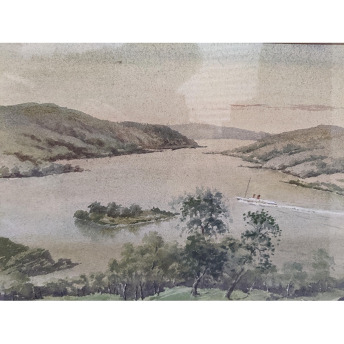 375 - Jack MacCorrville  - Kyles of Bute, watercolour of a loch estuary scene with steam boat on the water... 