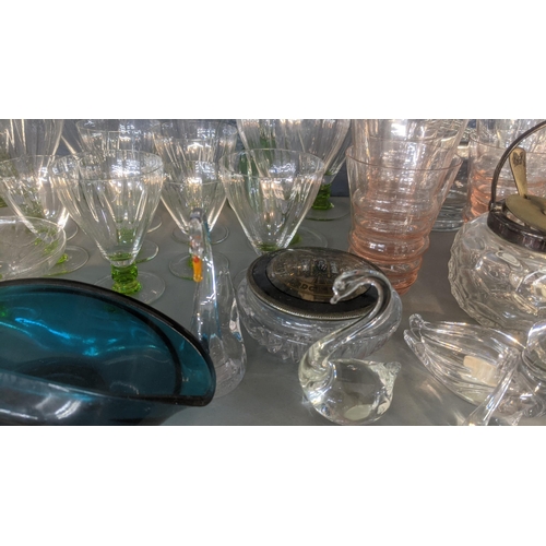 278 - Various glassware and metalware to include led crystal cut glassware, model swans and assorted green... 