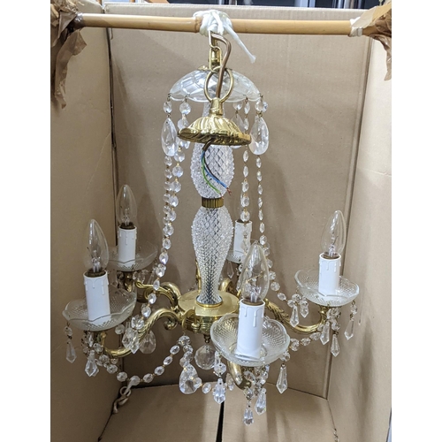 341 - A crystal lustre drop five branch chandelier together with an early 20th century 8 day wall hanging ... 