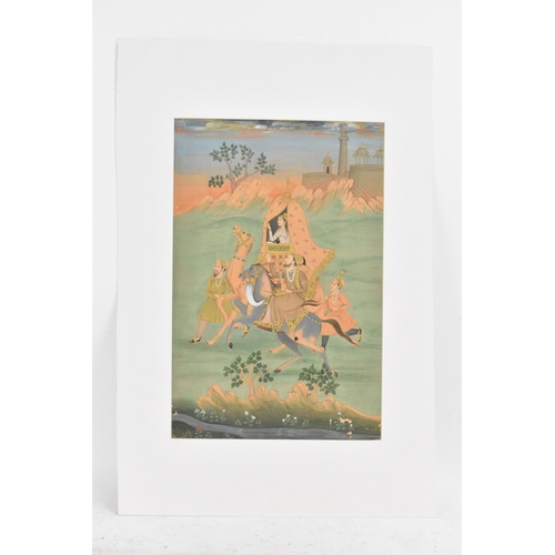 316 - A 19th century Indian watercolour on paper depicting a royal lady riding atop a camel with two figur... 