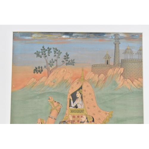 316 - A 19th century Indian watercolour on paper depicting a royal lady riding atop a camel with two figur... 