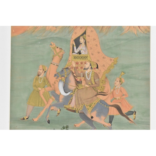 316 - A 19th century Indian watercolour on paper depicting a royal lady riding atop a camel with two figur... 