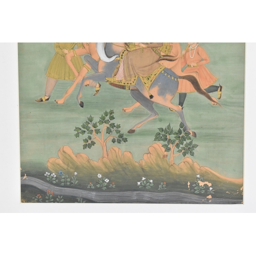 316 - A 19th century Indian watercolour on paper depicting a royal lady riding atop a camel with two figur... 