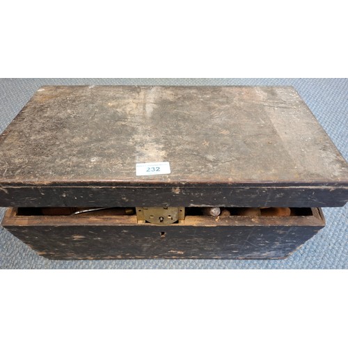 232 - A stained vintage wooden tool box and contents to include wooden handled chisels and carving scoops ... 